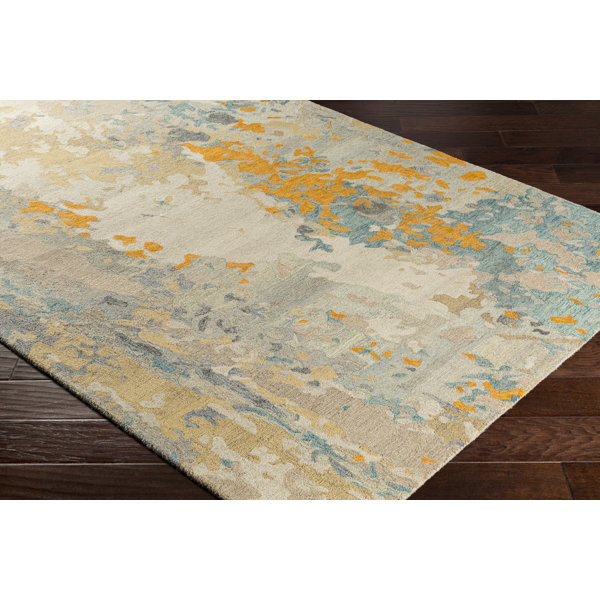 Bungalow Rose Randall Abstract HandHooked Wool Saffron/Cyan Area Rug